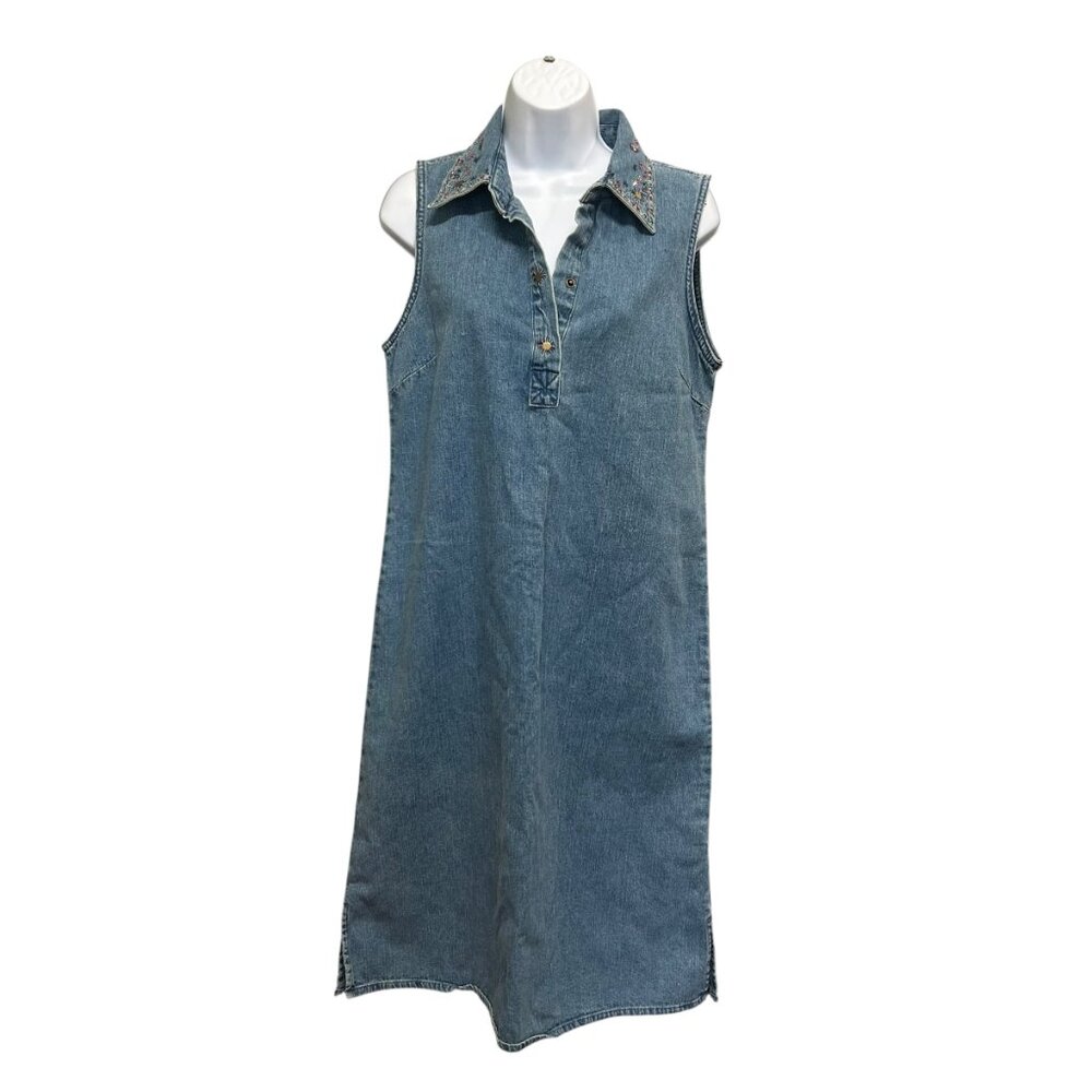 Vintage 90s Christopher & Banks Sleeveless Embroidered Collar Denim Dress Size M